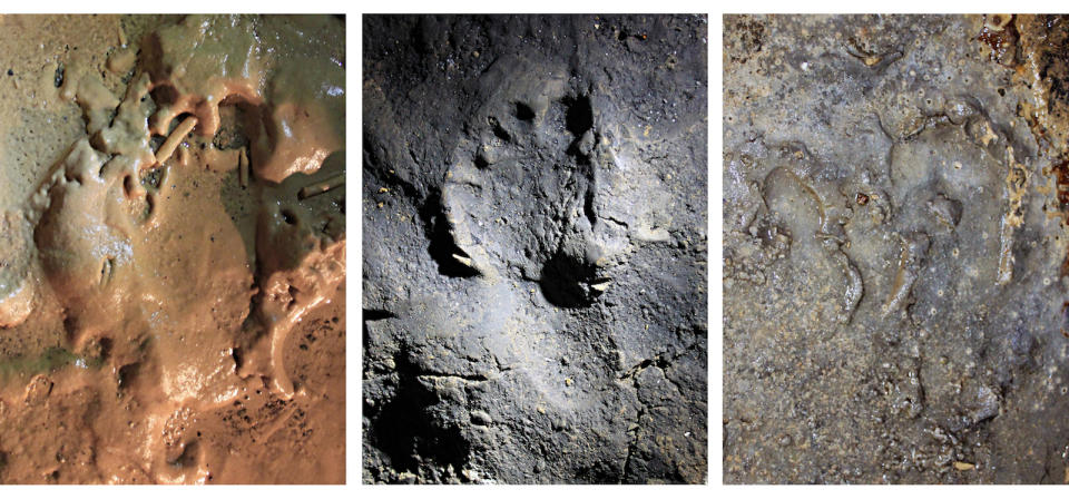 Researchers found a total of 180 human footprints and traces that were made about 14,000 years ago in a cave in northern Italy. Here are three of the footprints, made on different surfaces within the cave. <cite>Marco Avanzini</cite>